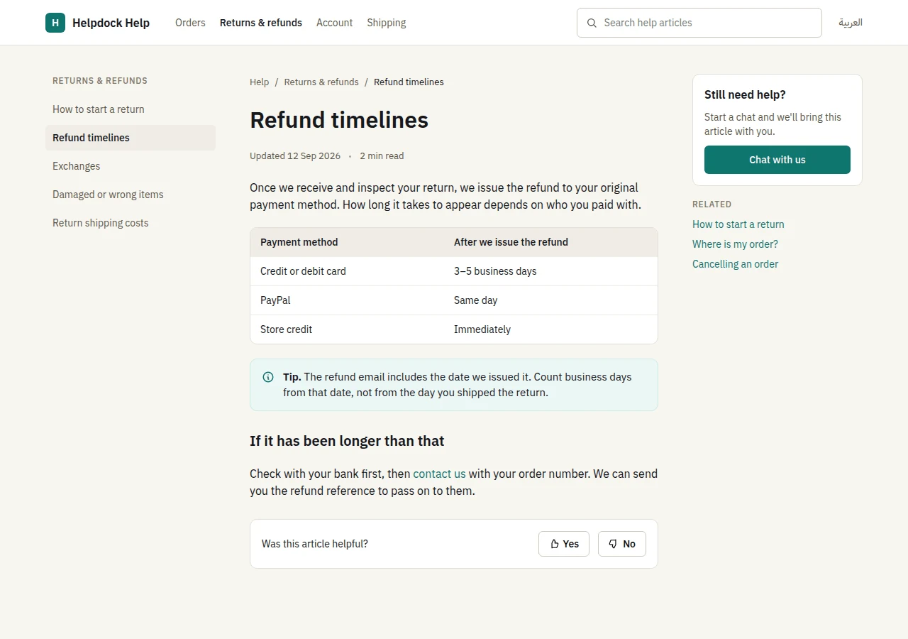 A help center article page: section navigation, the article with a table and a tip, and a Still need help card