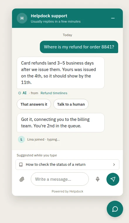 The chat widget in English: an AI answer citing a help center article, then a handoff to the billing team